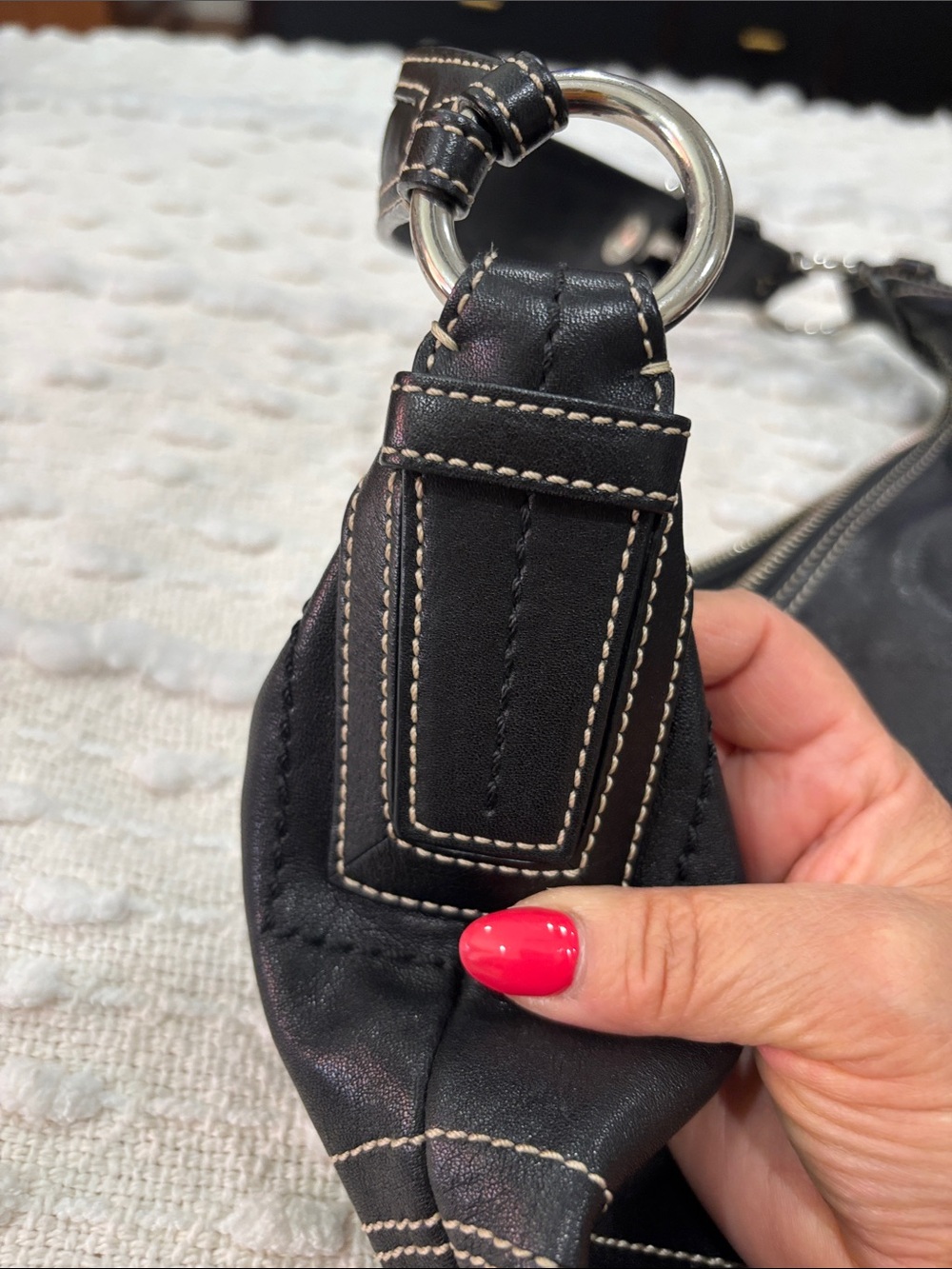Coach Black Leather Crescent Shoulder Bag with White Contrast Stitching - Picture 6 of 8